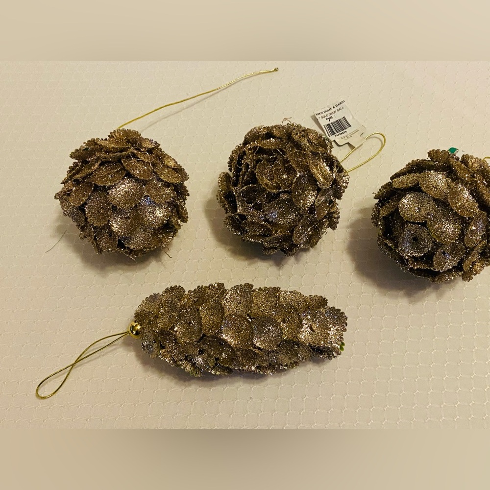 KURT ADLER Gold Drop Glitter Christmas Ornaments, 3 new, 1 to upcycled
